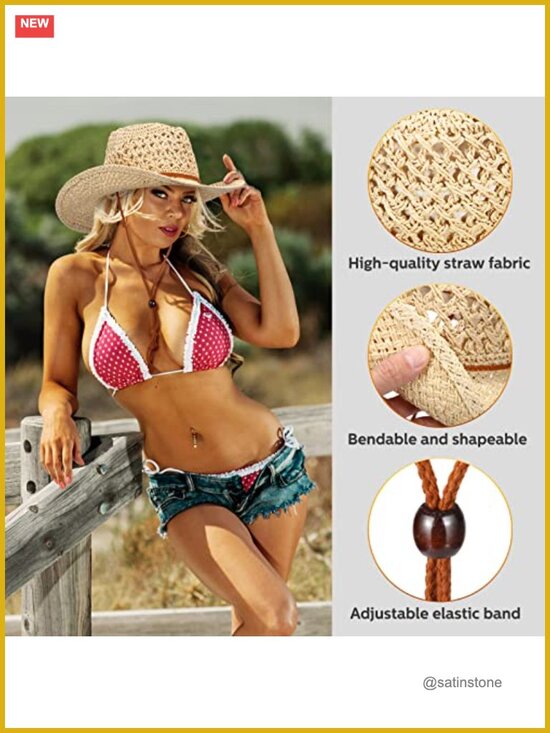 6 Pack Western Straw Cowboy Sun Hats with Chin Strap Wide Brim main image 5